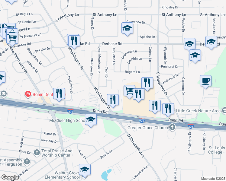 map of restaurants, bars, coffee shops, grocery stores, and more near 7 Montclair Court in Florissant