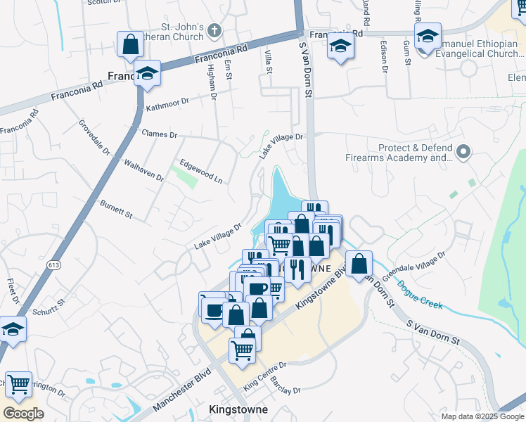 map of restaurants, bars, coffee shops, grocery stores, and more near 6567 Grange Lane in Alexandria