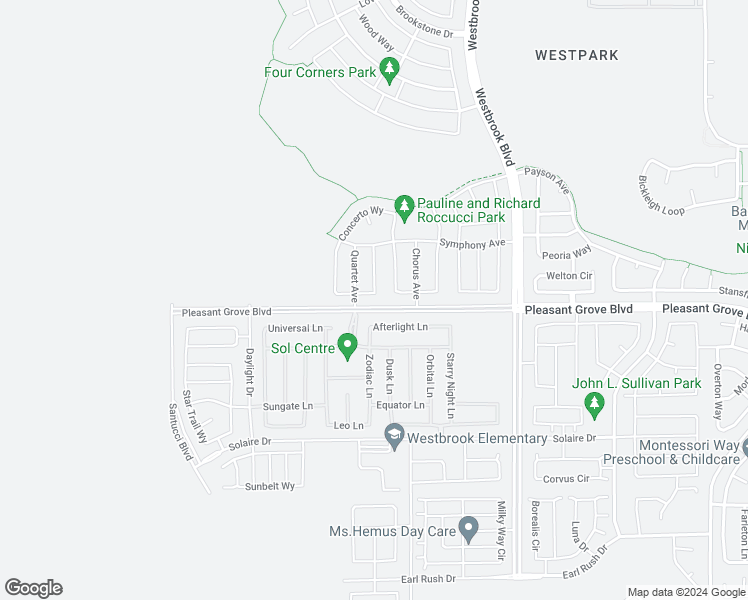 map of restaurants, bars, coffee shops, grocery stores, and more near 7105 Encore Way in Roseville