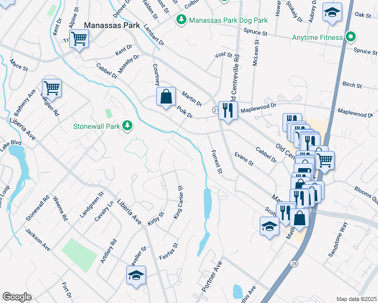 map of restaurants, bars, coffee shops, grocery stores, and more near 242 Kirby Street in Manassas Park