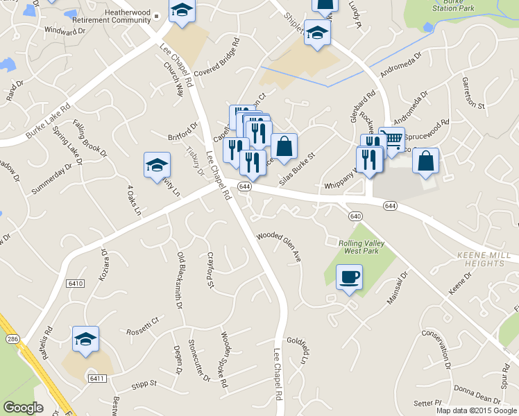 map of restaurants, bars, coffee shops, grocery stores, and more near 6512 Legendgate Place in Burke