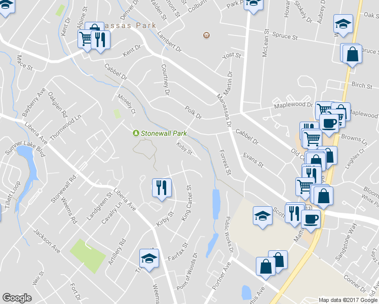 map of restaurants, bars, coffee shops, grocery stores, and more near 315 Kirby Street in Manassas Park