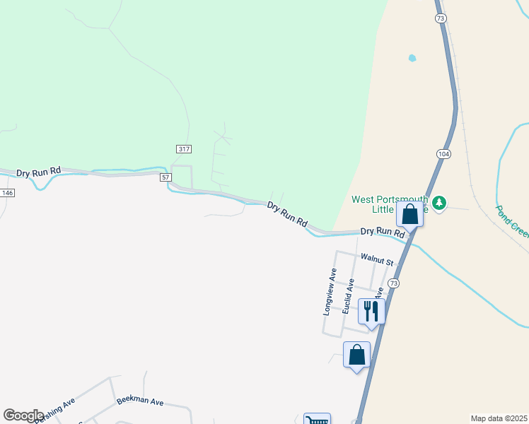 map of restaurants, bars, coffee shops, grocery stores, and more near 475 Dry Run Road in West Portsmouth