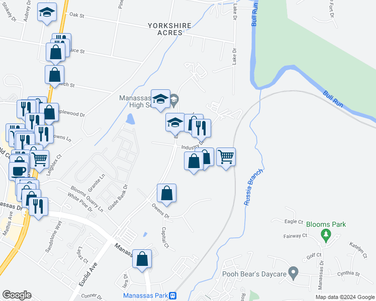 map of restaurants, bars, coffee shops, grocery stores, and more near 9102 Industry Drive in Manassas Park