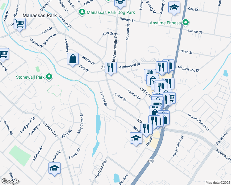 map of restaurants, bars, coffee shops, grocery stores, and more near 150 Evans Street in Manassas Park