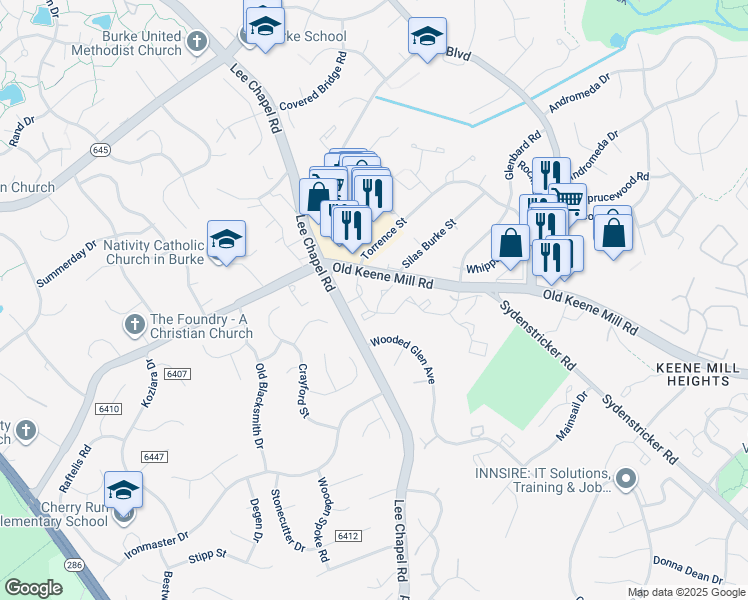 map of restaurants, bars, coffee shops, grocery stores, and more near 6512 Legendgate Place in Burke