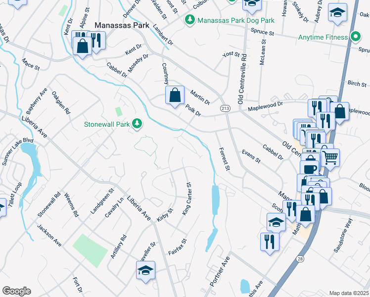 map of restaurants, bars, coffee shops, grocery stores, and more near 309 Kirby Street in Manassas Park