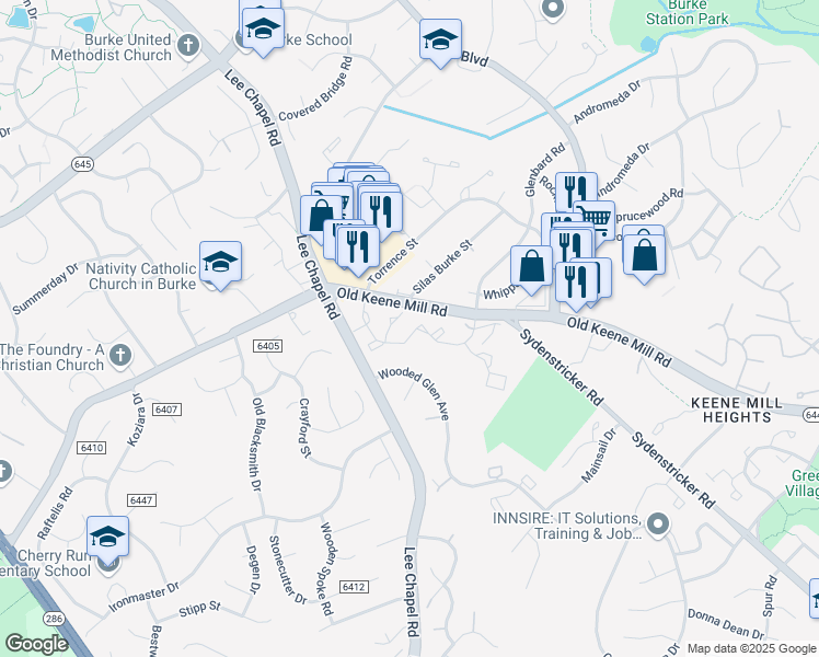 map of restaurants, bars, coffee shops, grocery stores, and more near 9450 William Kirk Lane in Burke