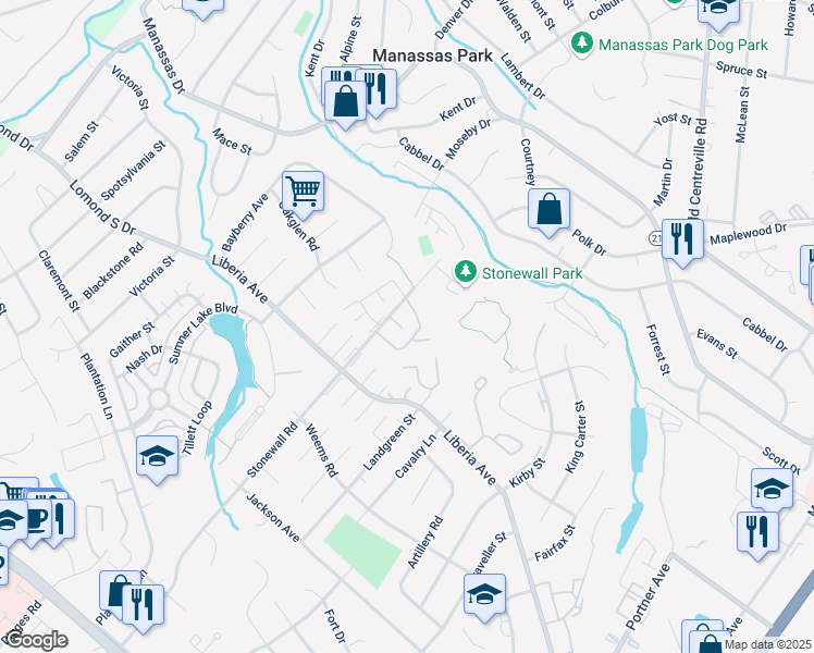 map of restaurants, bars, coffee shops, grocery stores, and more near 8382 Woodline Court in Manassas
