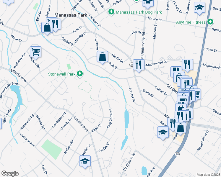 map of restaurants, bars, coffee shops, grocery stores, and more near 309 Kirby Street in Manassas Park