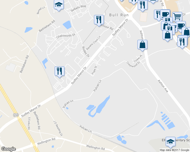map of restaurants, bars, coffee shops, grocery stores, and more near 10947 Pope Street in Manassas