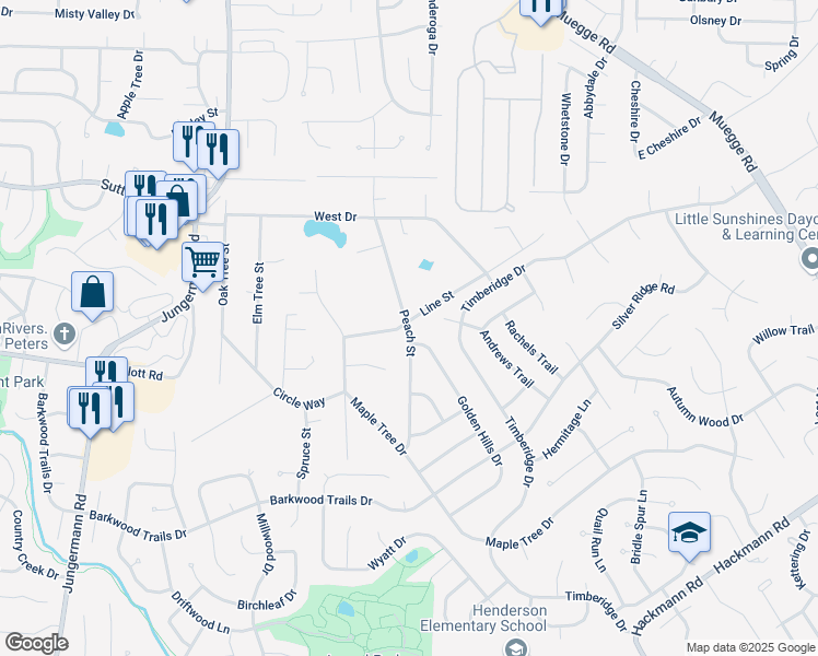 map of restaurants, bars, coffee shops, grocery stores, and more near 1909 Peach Street in Saint Peters