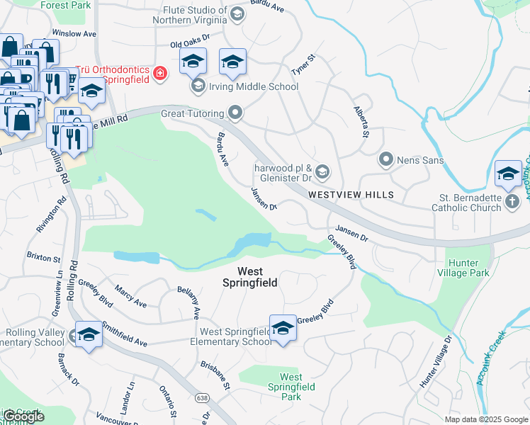 map of restaurants, bars, coffee shops, grocery stores, and more near 7935 Jansen Drive in West Springfield