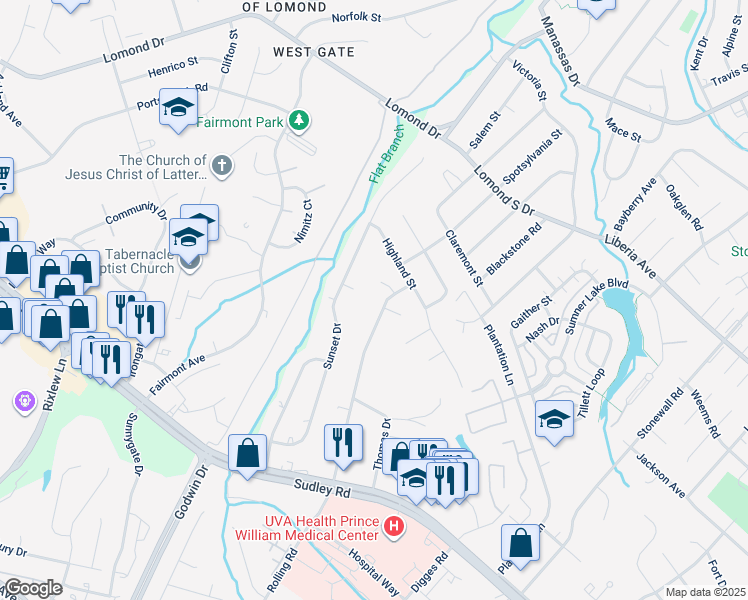 map of restaurants, bars, coffee shops, grocery stores, and more near 8306 Rolling Road in Manassas