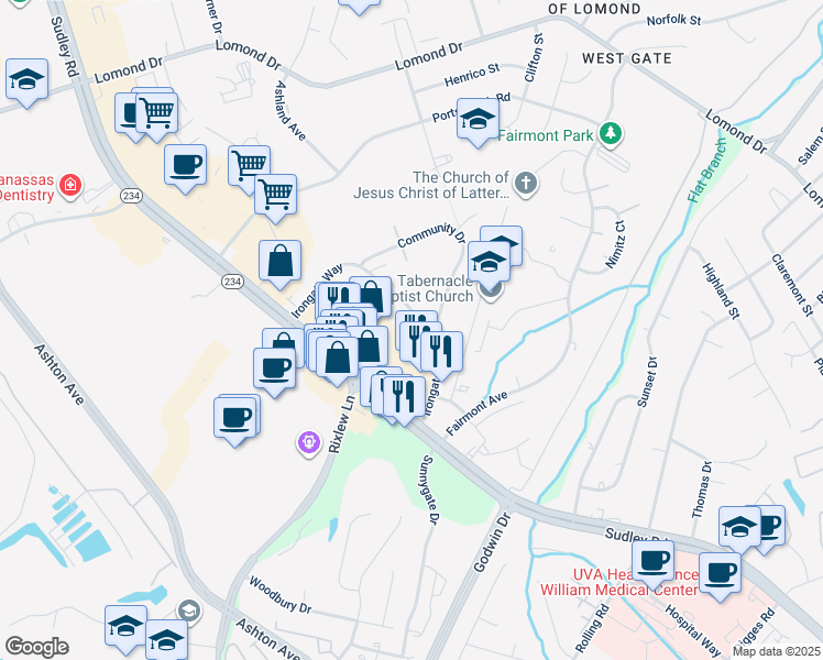 map of restaurants, bars, coffee shops, grocery stores, and more near 10045 Irongate Way in Manassas