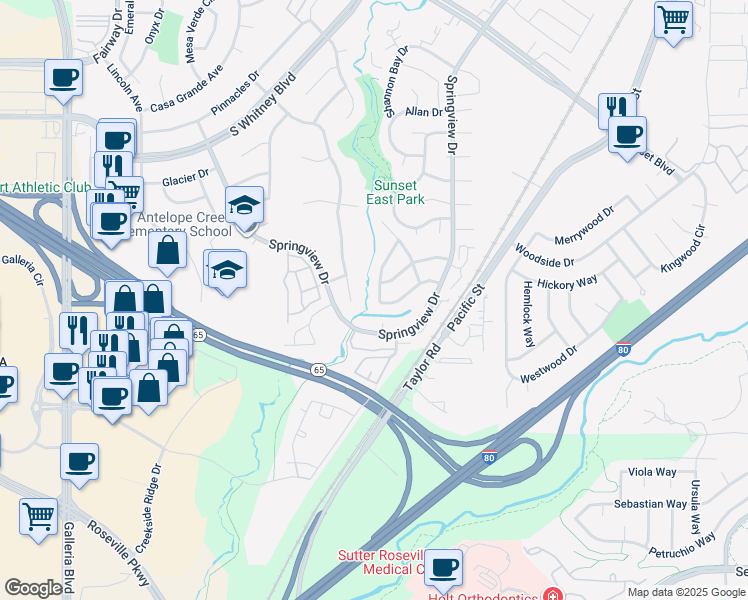 map of restaurants, bars, coffee shops, grocery stores, and more near 2942 Twin Creeks Lane in Rocklin
