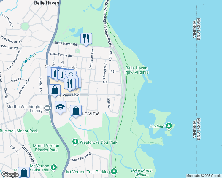 map of restaurants, bars, coffee shops, grocery stores, and more near 6509 10th Street in Alexandria