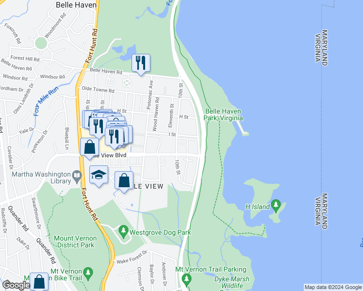 map of restaurants, bars, coffee shops, grocery stores, and more near 6509 10th Street in Alexandria