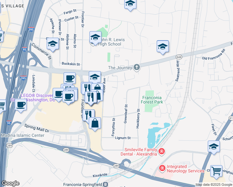 map of restaurants, bars, coffee shops, grocery stores, and more near 6591 Forsythia Street in Springfield