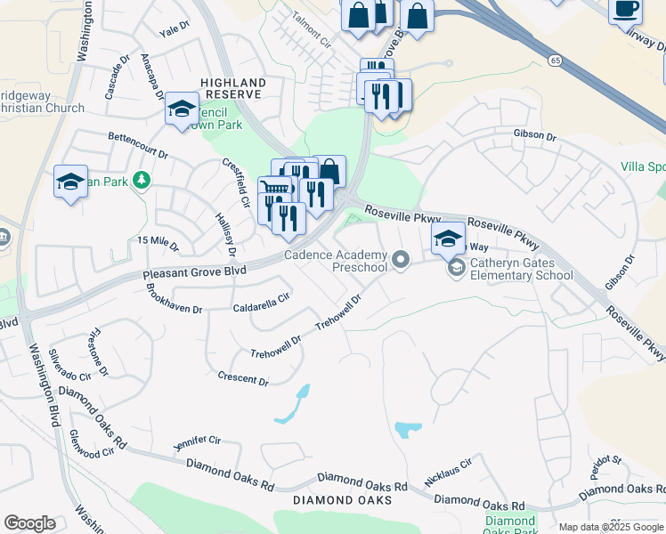 map of restaurants, bars, coffee shops, grocery stores, and more near 512 Sutherland Ranch Lane in Roseville