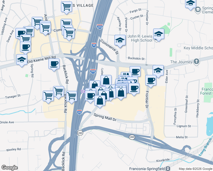 map of restaurants, bars, coffee shops, grocery stores, and more near 6551 Loisdale Court in Springfield