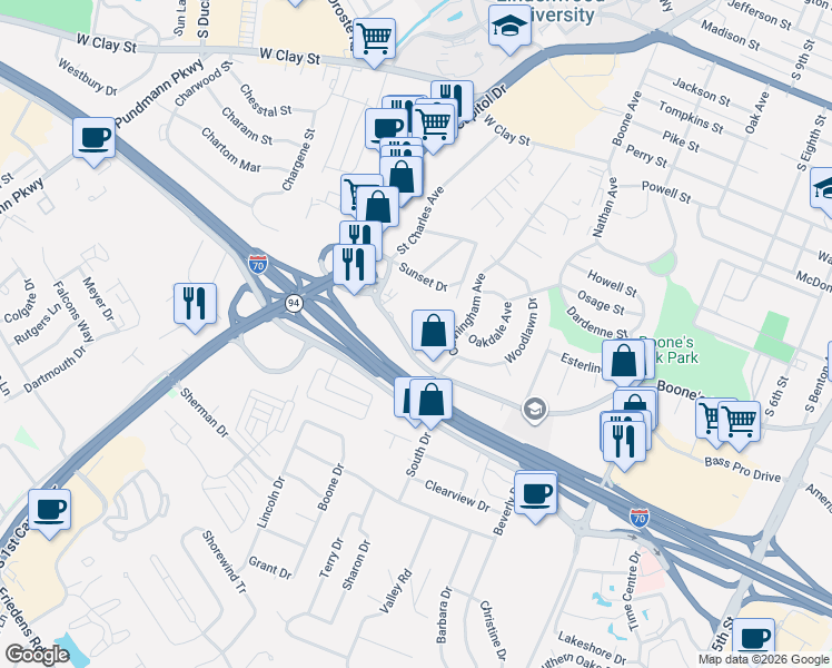 map of restaurants, bars, coffee shops, grocery stores, and more near 1650 Boone's Lick Road in Saint Charles