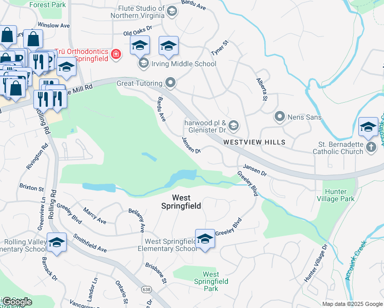 map of restaurants, bars, coffee shops, grocery stores, and more near 7935 Jansen Drive in West Springfield