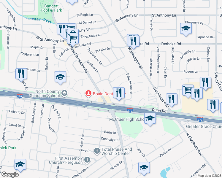 map of restaurants, bars, coffee shops, grocery stores, and more near 1515 West Duchesne Drive in Florissant
