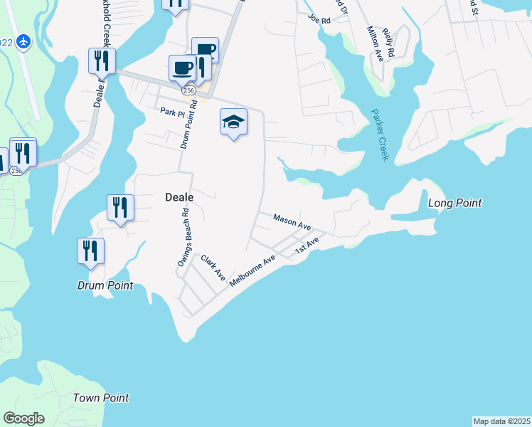 map of restaurants, bars, coffee shops, grocery stores, and more near 801 Mason Avenue in Deale