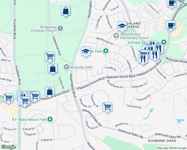 map of restaurants, bars, coffee shops, grocery stores, and more near 581 15 Mile Drive in Roseville