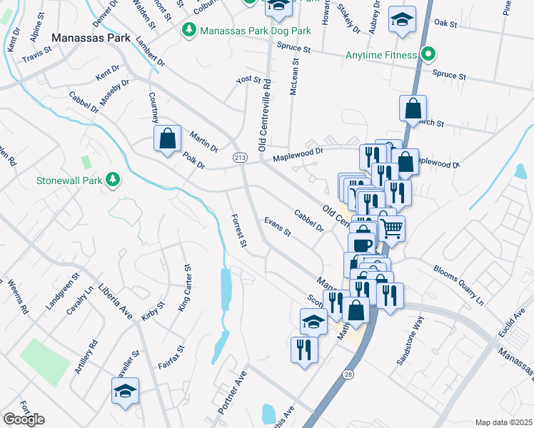 map of restaurants, bars, coffee shops, grocery stores, and more near 150 Evans Street in Manassas Park
