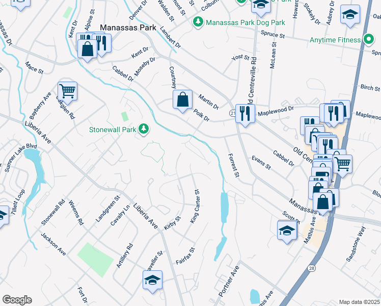 map of restaurants, bars, coffee shops, grocery stores, and more near 315 Kirby Street in Manassas Park