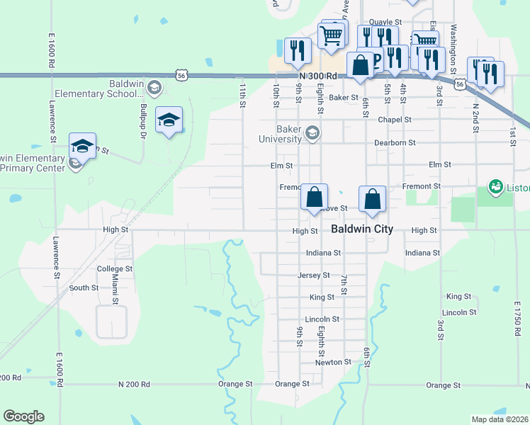 map of restaurants, bars, coffee shops, grocery stores, and more near 1013 Grove Street in Baldwin City