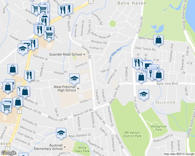 map of restaurants, bars, coffee shops, grocery stores, and more near 6521 Cavalier Drive in Alexandria