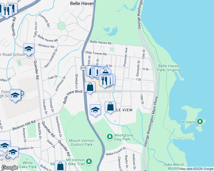 map of restaurants, bars, coffee shops, grocery stores, and more near 1598 I Street in Alexandria