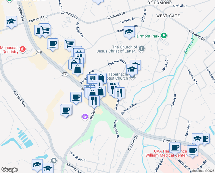 map of restaurants, bars, coffee shops, grocery stores, and more near 10083 Irongate Way in Manassas