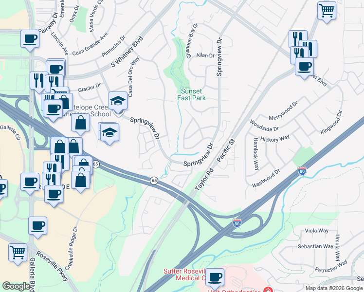 map of restaurants, bars, coffee shops, grocery stores, and more near 2926 Twin Creeks Lane in Rocklin