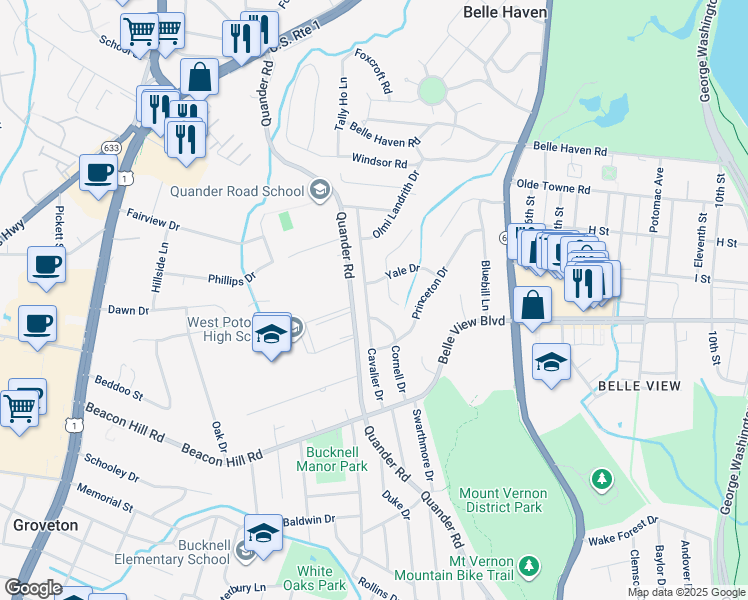 map of restaurants, bars, coffee shops, grocery stores, and more near 6521 Cavalier Drive in Alexandria