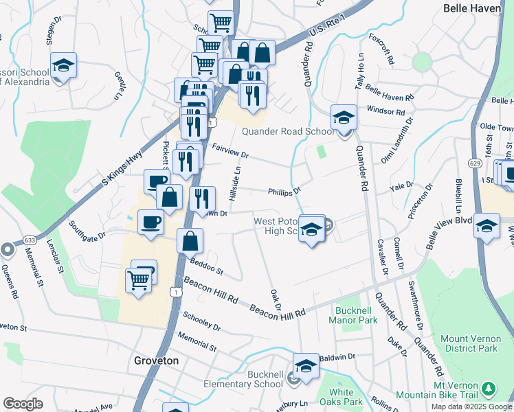 map of restaurants, bars, coffee shops, grocery stores, and more near 2508 Dawn Drive in Alexandria