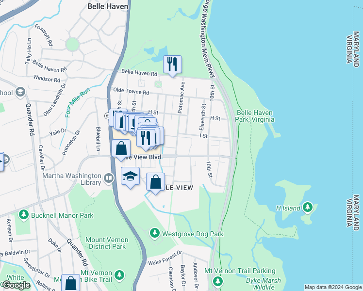 map of restaurants, bars, coffee shops, grocery stores, and more near 6509 Potomac Avenue in Alexandria