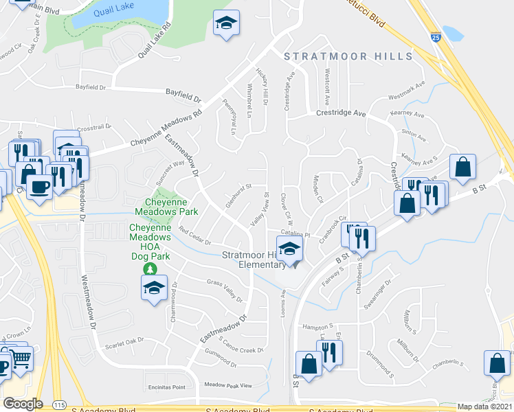 map of restaurants, bars, coffee shops, grocery stores, and more near 3815 Rosemere Street in Colorado Springs