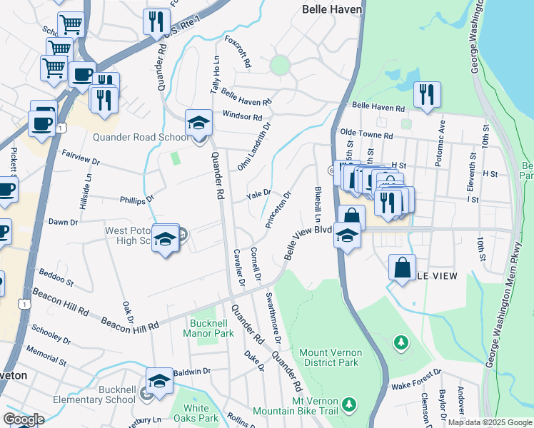map of restaurants, bars, coffee shops, grocery stores, and more near 6510 Princeton Drive in Alexandria