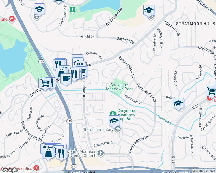map of restaurants, bars, coffee shops, grocery stores, and more near 1014 Cheyenne Villas Point in Colorado Springs