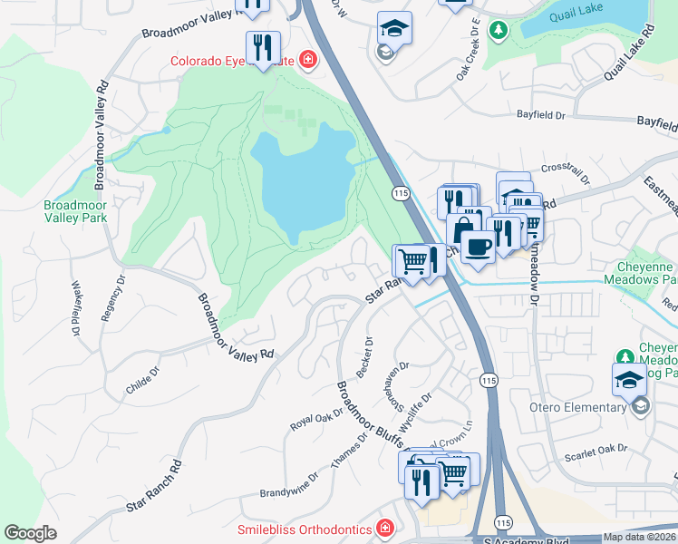 map of restaurants, bars, coffee shops, grocery stores, and more near 330 Cobblestone Drive in Colorado Springs