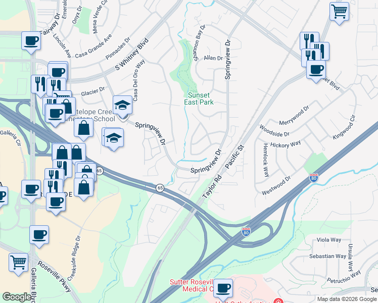 map of restaurants, bars, coffee shops, grocery stores, and more near 2926 Twin Creeks Lane in Rocklin