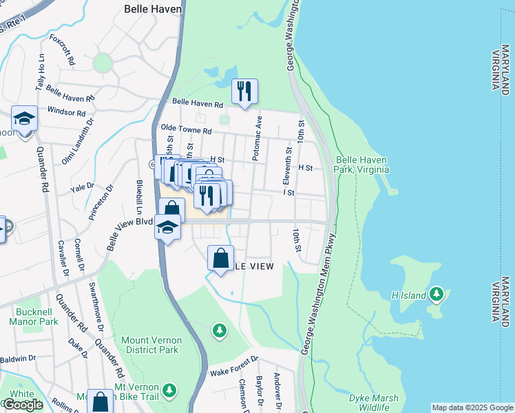 map of restaurants, bars, coffee shops, grocery stores, and more near 6509 Potomac Avenue in Alexandria