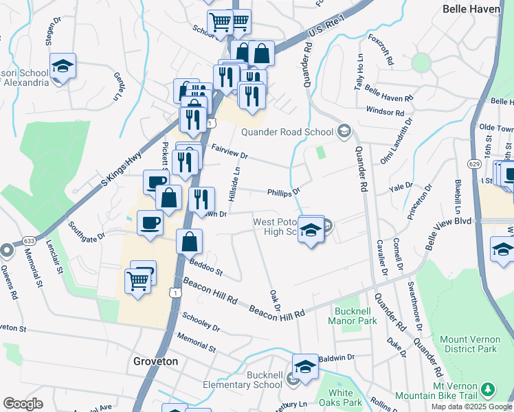 map of restaurants, bars, coffee shops, grocery stores, and more near 2508 Dawn Drive in Alexandria