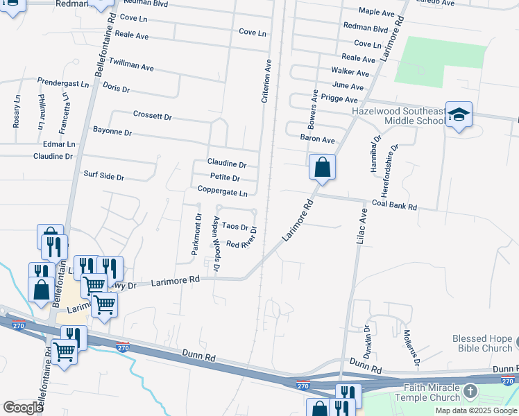 map of restaurants, bars, coffee shops, grocery stores, and more near 11378 Red River Drive in St. Louis