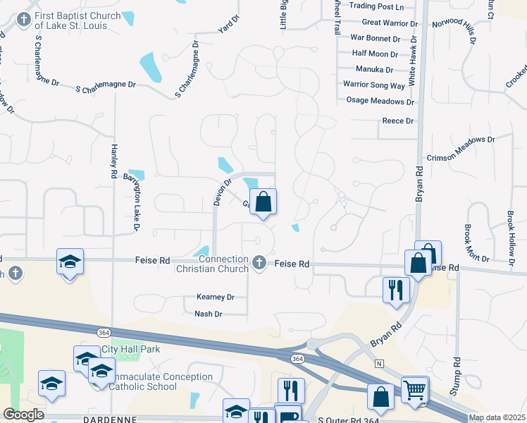 map of restaurants, bars, coffee shops, grocery stores, and more near 517 Garrick Place in O'Fallon