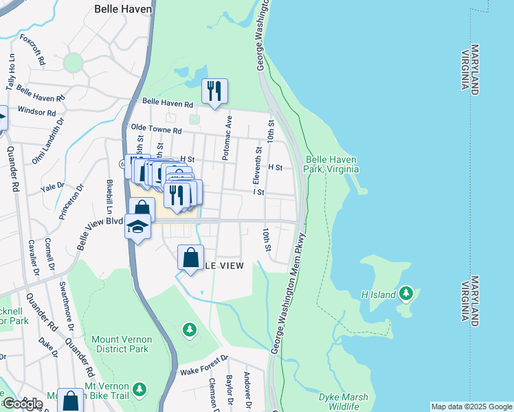 map of restaurants, bars, coffee shops, grocery stores, and more near 6538 10th Street in Alexandria